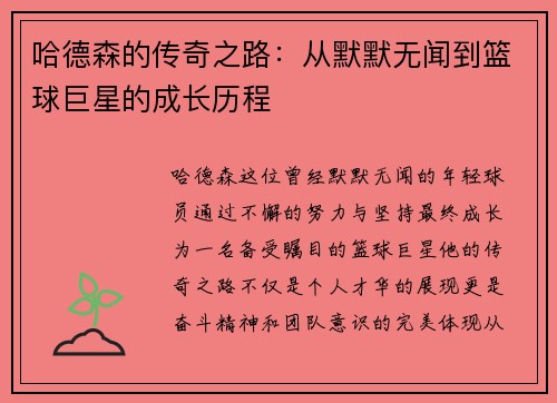 哈德森的传奇之路:从默默无闻到篮球巨星的成长历程 哈德森的传奇之路:从默默无闻到篮球巨星的成长历程